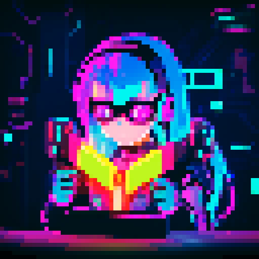 cyberpunk anime girl hacker, vibrant neon colors, futuristic cityscape backdrop, glitchy pixel art aesthetic, 16-bit animation style, glowing LED tattoos, pixelated holographic interface, electric blue hair, cybernetic augmentations, glowing cyber eyes, virtual reality headset, digital code flowing around her, futuristic cyberpunk fashion