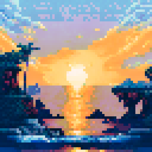sunrise, calm ocean, horizon, rock columns, palm trees, clouds, pixel art, sRGB, beach, background, landscape