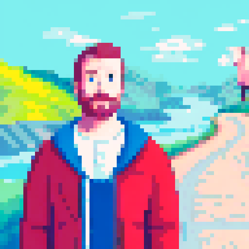 Rolling green hills dotted with sheep under a bright blue sky, a winding river flowing through the center of the landscape