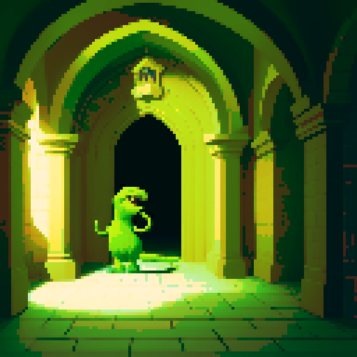 a live green basilisk in a castle hallway
