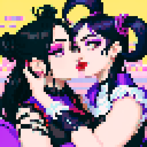 curvy, cute goth girls with black hair, purple eyeshadow, and red lipstick, in love, kissing, embracing each other, pixel art style, sRGB