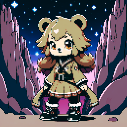 A graphic depiction of a bear in retro 1995 anime style, chibi form, with expressive black eyes and brown fur, styled with long twin pigtails. Wearing magical clothes with intricate belts and patches. Background of a wild magic night with a dark waterfall and bright stars. Created Using: classic anime aesthetics, detailed magical garments, enchanting night setting, vivid portrayal, star reflections, dynamic composition, hd quality --ar 2:3 --v 6.0