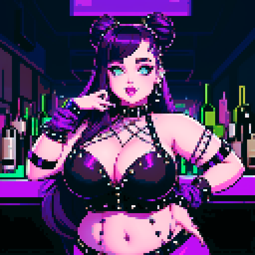 Portrait of Thicc, curvy, busty goth babe with studded collar, long purple hair in buns, fishnet stockings, studded halter top, bartending at nightclub, neon signage. pixel art, sRGB.