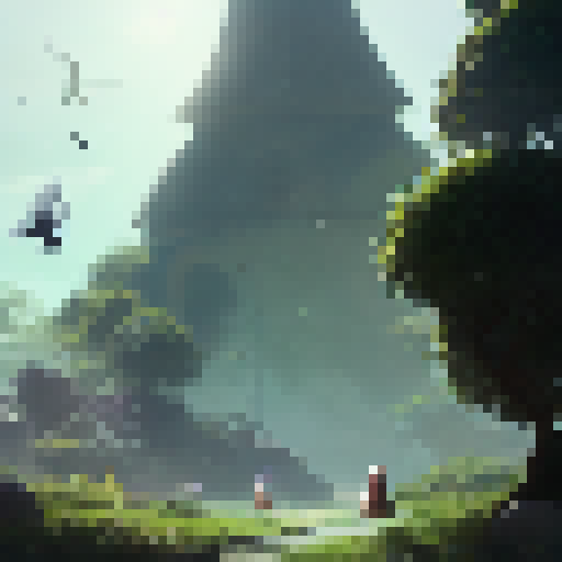 Green, magical concrete block pulsating with healing energy, Ico and Yorda rest in the warm ethereal white wispish sunlight, accompanied by a few exploring pigeons in a Fantasy RPG world.