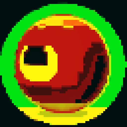 giant spherical yellow head with a toothy mouth and three glowing eyes, retro-style 16-bit, 64x6