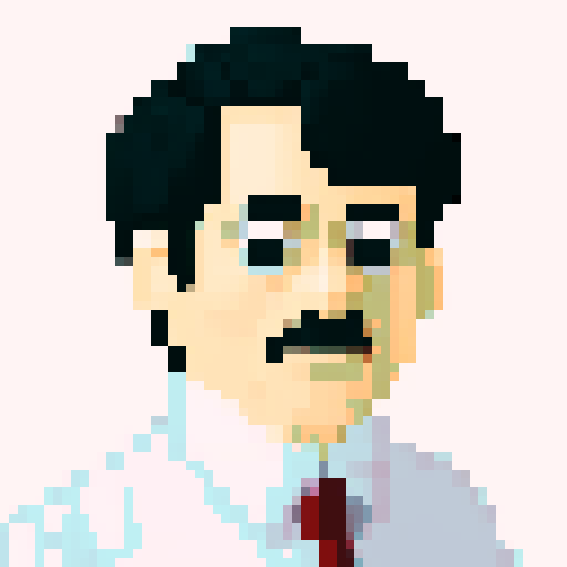 portrait of an old man with black hair and white button down shirt.  small eyes