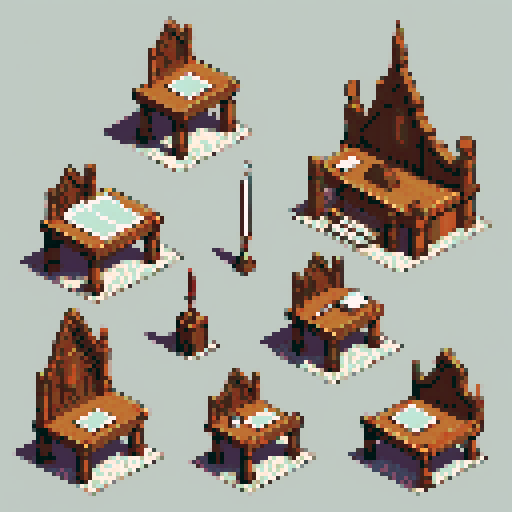 building, inside, block, wood, isometric, medieval, writing table, feather pen, ink, paper, royal seal, law