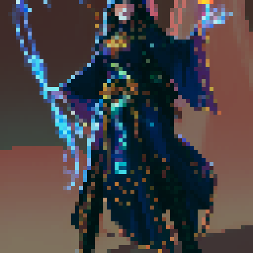 female wizard, long flowing robes, glowing staff, arcane symbols, casting spell, swirling vortex, colorful magic, fantastical landscape, ethereal realm, classic fantasy RPG, pixel art, sRGB