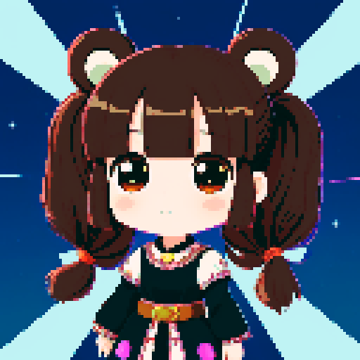 A graphic depiction of a bear in retro 1995 anime style, chibi form, with expressive black eyes and brown fur, styled with long twin pigtails. Wearing magical clothes with intricate belts and patches. Background of a wild magic night with a dark waterfall and bright stars. Created Using: classic anime aesthetics, detailed magical garments, enchanting night setting, vivid portrayal, star reflections, dynamic composition, hd quality --ar 2:3 --v 6.0
