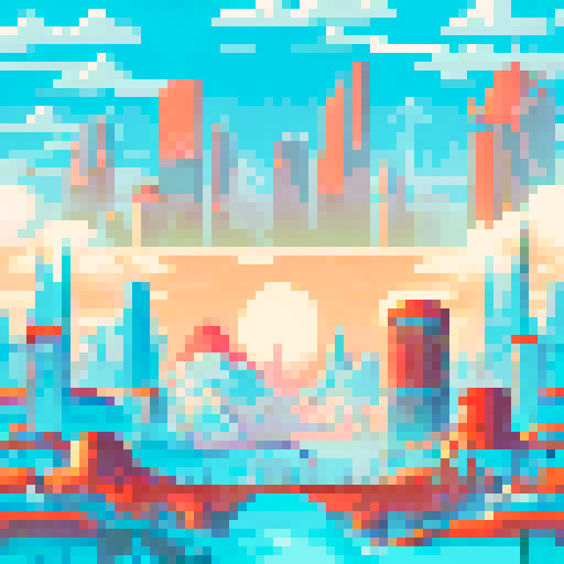 Red City, towering skyscrapers, futuristic architecture, glowing neon signs, bustling streets, Martian landscape, red sand dunes, crimson sky, pixelated buildings, vibrant colors, ARNE32 palette, sci-fi metropolis, otherworldly atmosphere,  digital art style