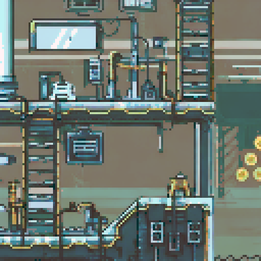 Dilapidated machinery, sparks flying, smog-filled air, towering metal structures, cracked concrete floors, flickering neon lights, rusted conveyor belts, broken windows, shattered glass, discarded robot parts, overgrown vines, eerie shadows, abandoned control panels