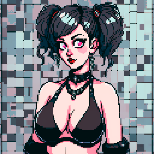 curvy, seductive busty goth babe with studded collar, hair in buns, aroused nude big titty goth in a close-up nude glamour shot, wearing halter top, against a modern tile backsplash, pixel art, sRGB