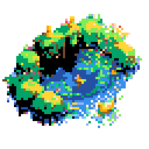 yellow duck in a pond, surrounded by lush greenery and reflecting sunlight in a serene pond with shimmering ripples and pixelated waves, creating a tranquil atmosphere in a picturesque landscape with vibrant colors using intricate pixel art in the sRGB palette
