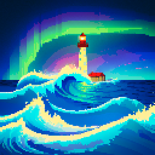 lighthouse, sea, aurora, vibrant colors, glowing, pixelated waves, shimmering reflections, retro aesthetic, sRGB