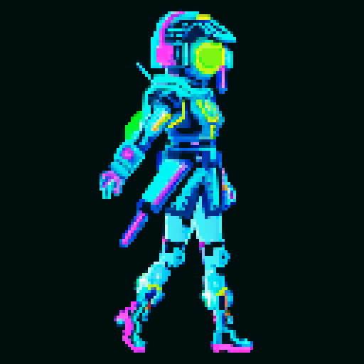 cyberpunk space trader sprite, pixel art, futuristic design, cybernetic arm with intricate detailing, glowing yellow-orange visor over the eyes, trench coat with glowing lines, blue and teal color palette with neon pink and yellow accents, distinct sci-fi aesthetic, confident posture, mid-step left first with arms extended