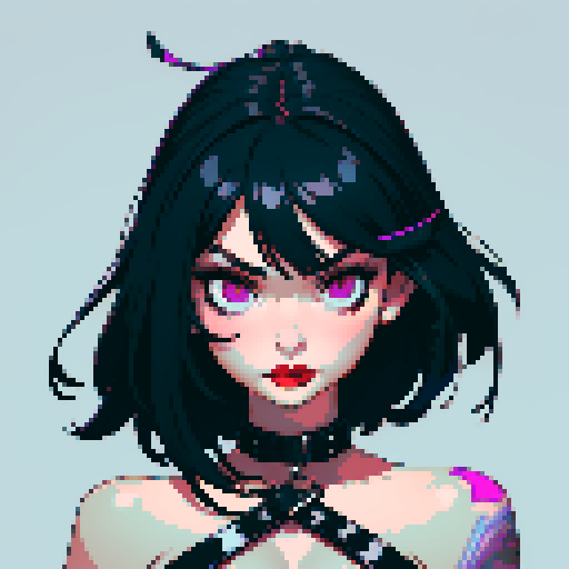 curvy, cute busty goth girl's face, whole head portrait, black hair, purple eyeshadow, red lipstick, low cut black studded leather halter top, studded collar, vibrant sRGB colors, edgy aesthetic. 