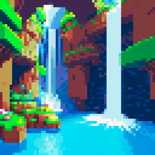 waterfall tile map, blue waterfall, clean and detailed, cave platformer, pixel art, sRGB