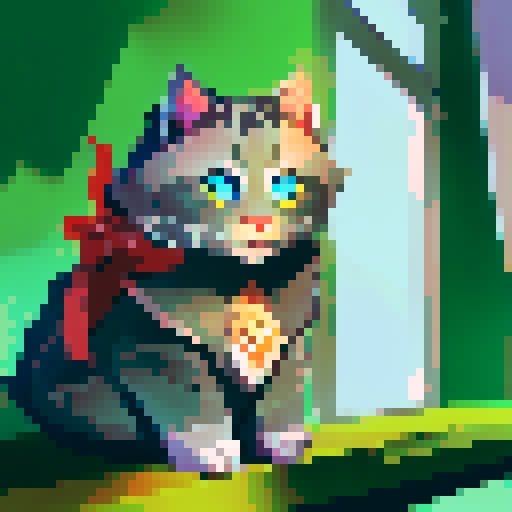 dark grey cat sitting on a window with its tail down, green eyes, garden outside window, sunset, landscape portrait