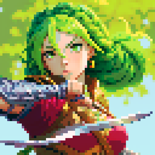 female warrior, vibrant green hair with braids, large sword, fantasy RPG character portrait