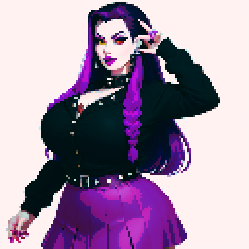 Plus size busty greaser goth girl, with long purple hair, eyeliner, red lipstick. wearing a skirt and studded collar. Posing for a portrait, avatar photo. vibrant sRGB colors, pixel art, edgy aesthetic