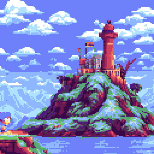 Pokemon, Chrono Trigger, vibrant colors, detailed sprite, ocean, lighthouse, retro charm, pixelated characters, whimsical creatures, magical abilities, epic adventures, nostalgic journey, sRGB, pixel art, background, landscape