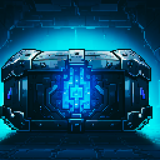 mystery box, stone, metall, shiny, pixel art, sRGB, vibrant colors, glowing lights, intricate patterns
