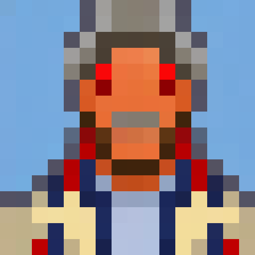Man with wide, piercing eyes and messy hair, wearing a red bandana and blue shirt, against a dark background, rendered in retro 16-bit pixel art, for a video game icon