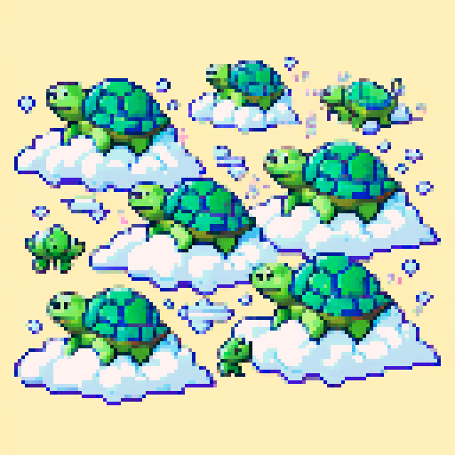 the pixelated green turtles have no choice but to flee on their pixelated clouds.