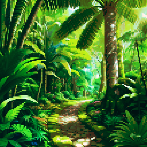 lush green foliage, towering trees, vibrant moss-covered rocks, sun-dappled path, meandering grassy trail, tropical ferns, dense undergrowth, swaying palm fronds, textured tree bark, sunlight filtering through leaves