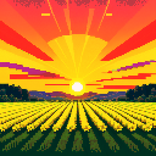 pastoral landscape, fields (yellow), sunset