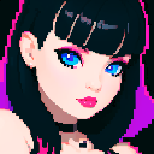 curvy, busty goth girl, whole head portrait, face portrait, close up, leather bikini, modern tile backsplash, vivid colors, pixel art, sRGB