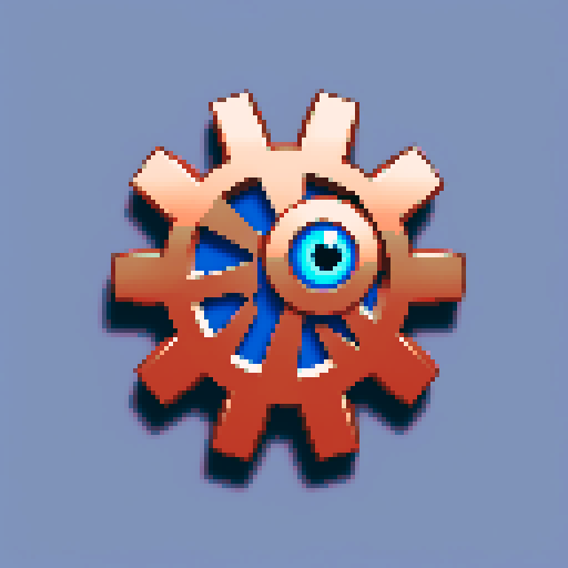 Large copper gear with a glowing blue eye in the middle. on a solid color background so I can easily remove the background