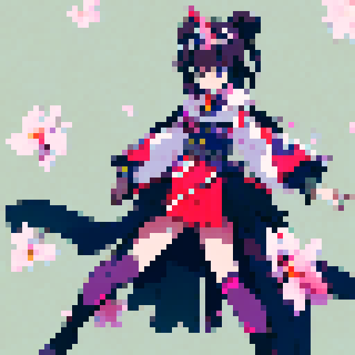 Black-haired, white-skinned girl with piercing red eyes elegantly dances through the air, rapier glinting in the moonlight, surrounded by swirling cherry blossom petals in a breathtakingly beautiful anime-style scene