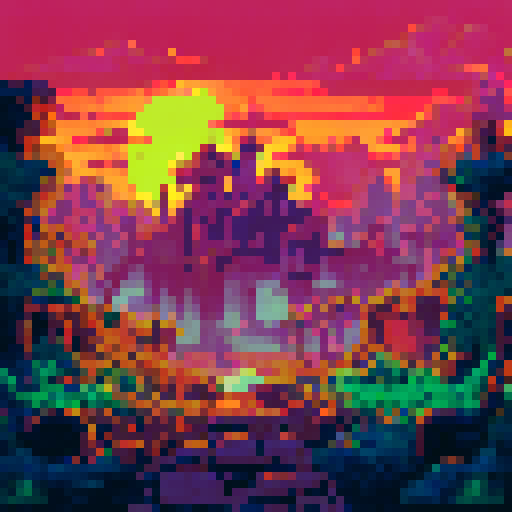 Create a sunset scene in a desolate, abandoned, overgrown, post-humanity countryside where artifacts of human presence are crumbling and rusting away to time.
