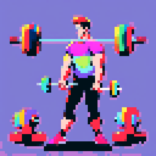 person in gym, sweating, lifting weights, colorful gym equipment, energetic atmosphere, pixel art, vibrant colors, dynamic poses, sRGB