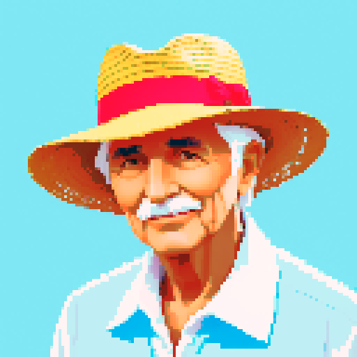 portrait of a elder men wearing a panama style hat and light blue guayabera