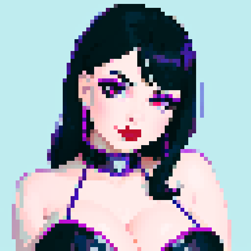 curvy, cute goth girl with black hair, purple eyeshadow, and red lipstick, in a glamour shot, rendered in pixel art with vibrant sRGB colors