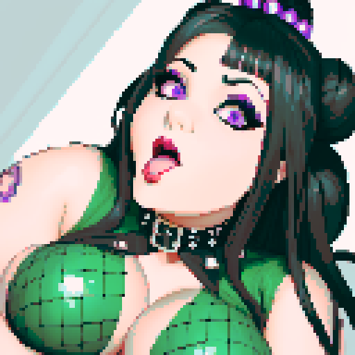 thicc, curvy, seductive busty goth babe with studded collar, long purple hair in buns, fishnet stockings, orgasmic aroused nude big titty goth in a nude sexy pose, pixel art, sRGB