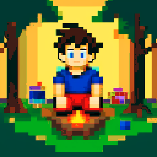16 bit style pixel art Portrait of Goku sitting down in a campfire site, lush forest, golden hour lighting, Goku gazes into the fire as the light reflects of his clothing. Behind him is a dark, ominous forest, with towering trees and faint, eerie shadows. The cozy atmosphere of the scene is illuminated by the warm, flickering light from the bonfire, rough appearance, low quality, masterpiece, bright colors, pixelated