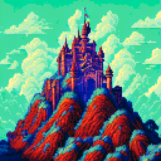 big, menacing castle towering on a hilltop, surrounded by a vibrant, pixelated landscape, with a meticulously detailed sRGB color palette, creating an eerie and foreboding atmosphere, close up