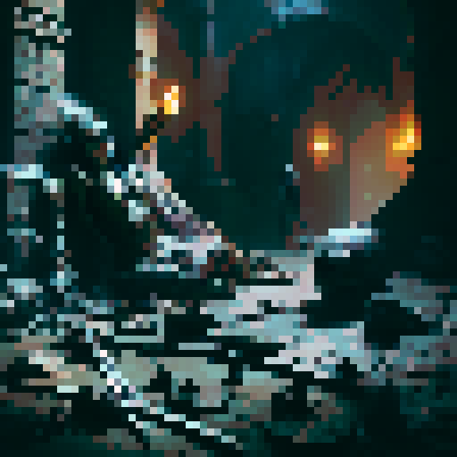 dead character lying in a dungeon, armor and bones, dark and eerie atmosphere, flickering torches, intricate engravings on the walls, mystical glowing crystals, cobwebs and dust, ancient ruins, ominous shadows, ethereal mist, haunting silence