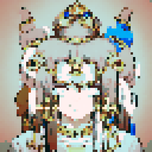 Mysterious Egyptian god Plutus, intense gaze, golden headdress, glowing eyes, sharp features, intricate hieroglyphics, vibrant colors, character portrait, close up, anime style, pixel art