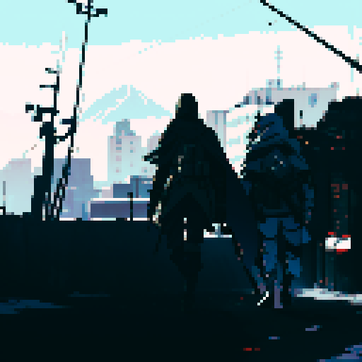 scifi soldier walking towards war torn city with a panzer faust on his back and a rifle in his hand. A Squad Mate of his is looking towards him, he has a cape on and a hood and carries a sniper rifle. The city has snow on it. Colorful, and good use of shading on the characters
