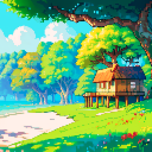 Sunny beach, large tree with tree house, vibrant green vegetation, jewels strewn upon beach, warm, inviting, magical, whimsical, sRGB, pixel art