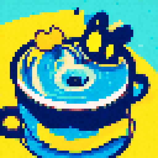 Smiling rubber duck with a yellow bill and big black eyes, holding a steaming cup of hot coffee with white steam rising, against a colorful anime-style background with bold lines and vibrant colors