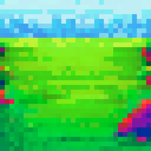 Vibrant green blades, tightly packed and uniform in height, form the seamless carpet of a game's floor, rendered in pixel art style with sRGB color palette, nestled against a backdrop of a majestic and sprawling landscape