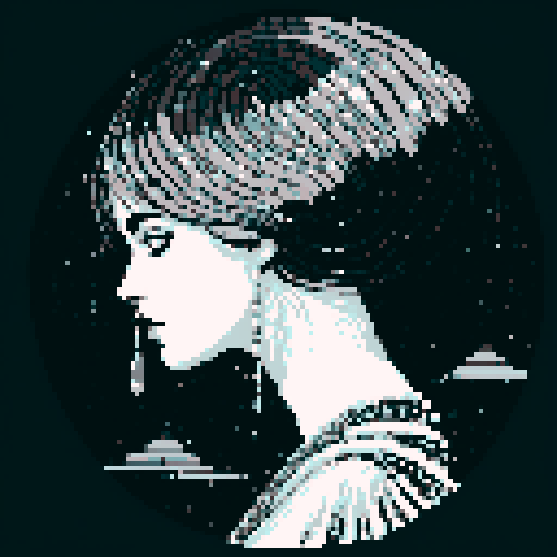 pixel art circular illustration by Harry Clarke. high contrast black and white 1-bit pixel art style. portrait of beautiful futuristic woman dripping in jewels deep space dynamic composition