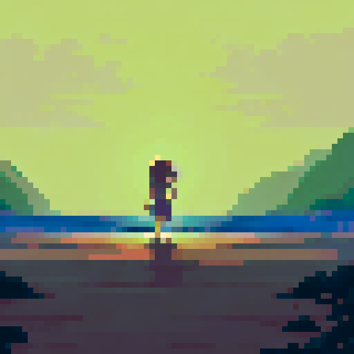 Figure standing, sandy beach, calm ocean, endless horizon, serene atmosphere, warm sunlight, gentle waves, peaceful reflection, soft colors, sweeping vistas, vast expanse, tranquil beauty, minimalist composition, balanced elements, subtle textures, natural harmony, ethereal glow, serene mood