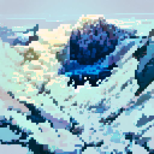 Snowy mountain range research complex with sleek, angular architecture blending into the snowy landscape, surrounded by icy cliffs and a frozen river cutting through the valley, all in a landscape portrait style.