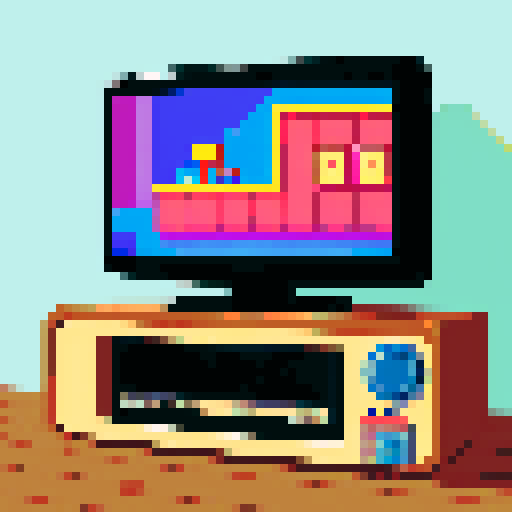 subject is Retro game console, controller plugged into old tv, TV shows image of a cabin on screen, in a cozy room, soft color palette